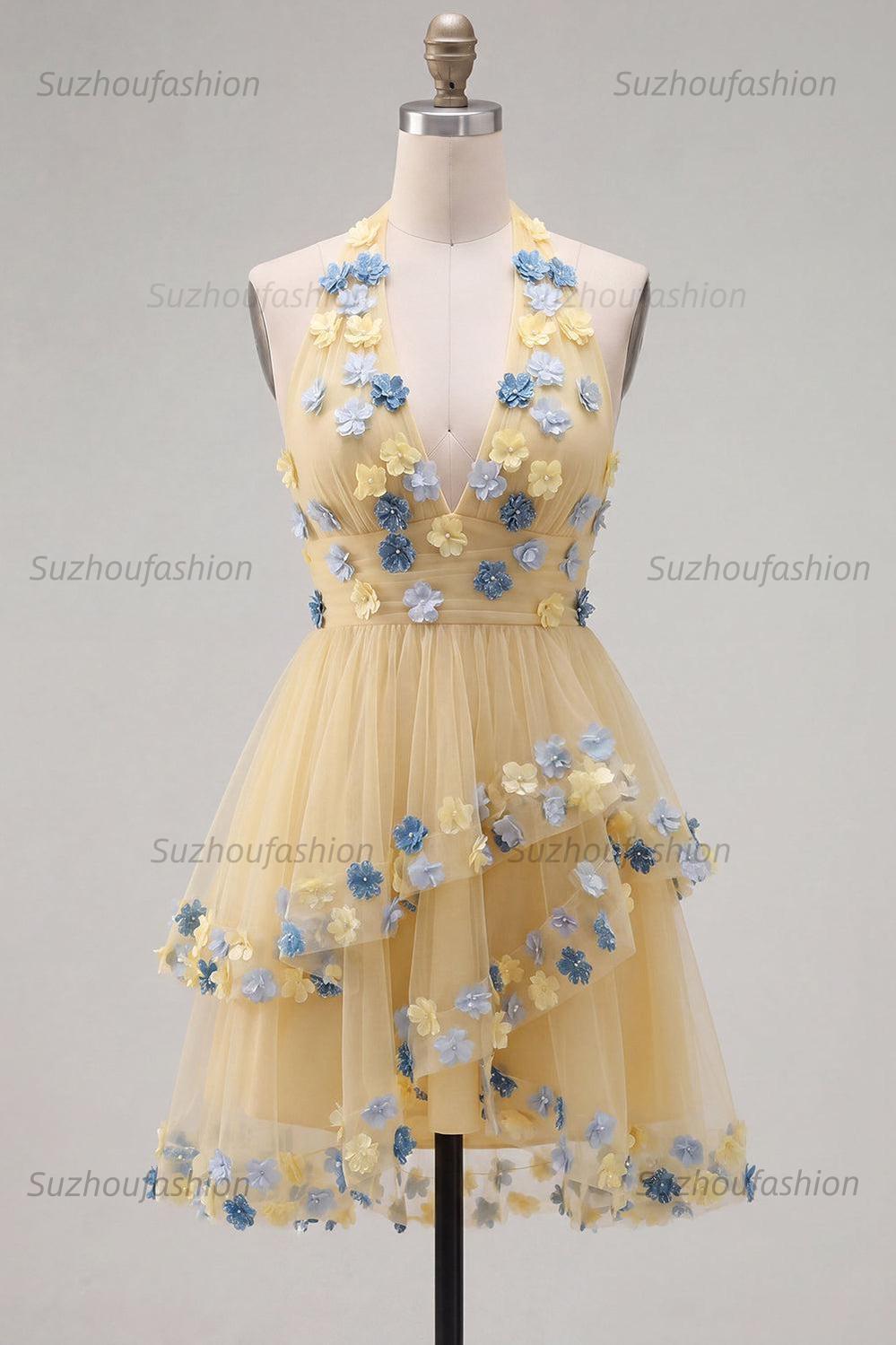 Suzhoufashion Apricot Floral Halter Tiered A-Line Short Homecoming Dress