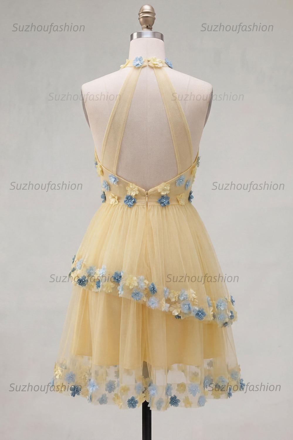 Suzhoufashion Apricot Floral Halter Tiered A-Line Short Homecoming Dress