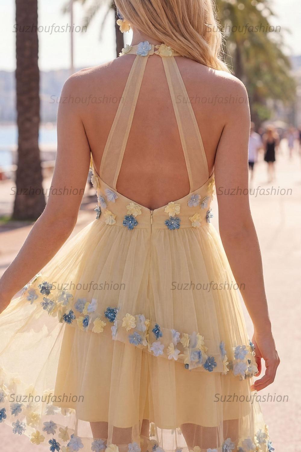 Suzhoufashion Apricot Floral Halter Tiered A-Line Short Homecoming Dress