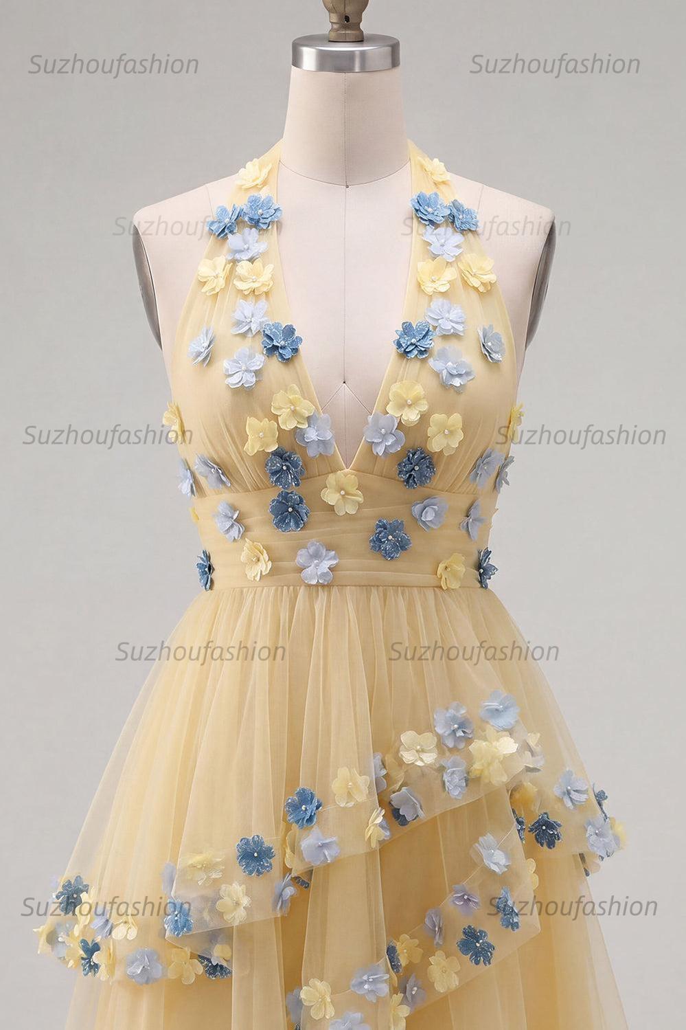 Suzhoufashion Apricot Floral Halter Tiered A-Line Short Homecoming Dress