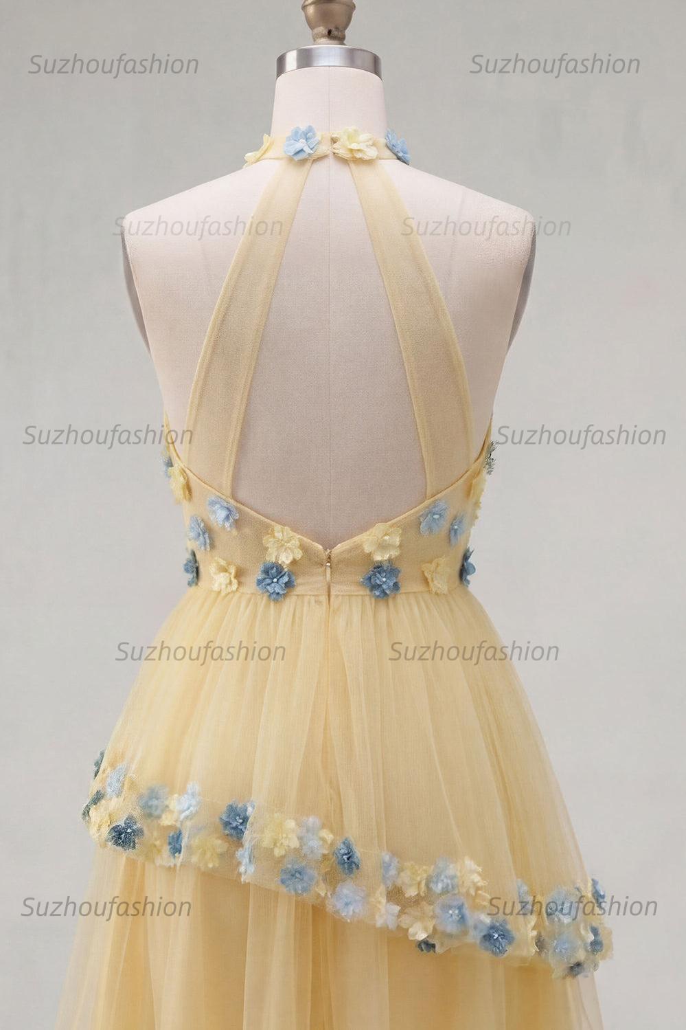 Suzhoufashion Apricot Floral Halter Tiered A-Line Short Homecoming Dress