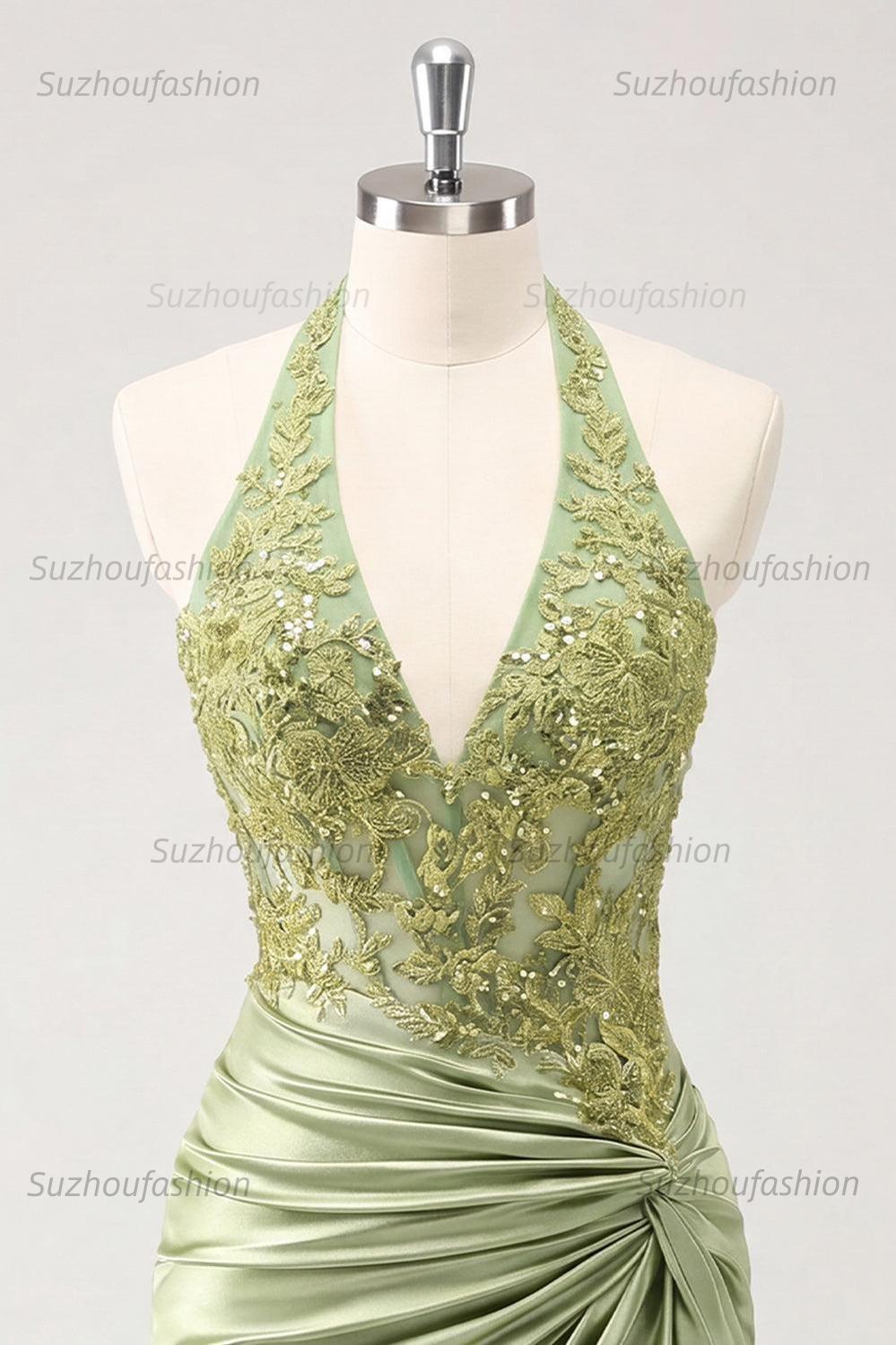 Suzhoufashion Army Green Ruched Appliqued Halter Tight Corset Short Homecoming Dress