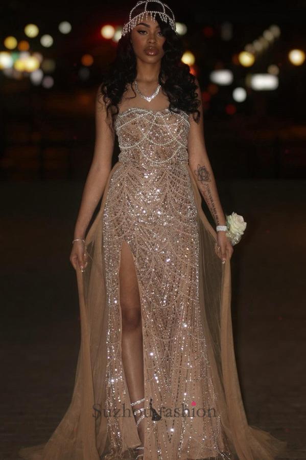 Suzhoufashion Beaded Formal Dress Strapless Sheath Wedding Party Dress with Panel Train
