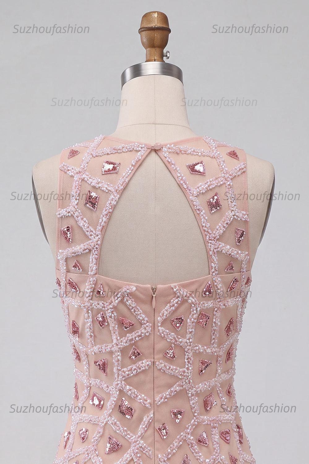 Suzhoufashion Beaded Sequin Blush Round Neck Tight Short Homecoming Dress