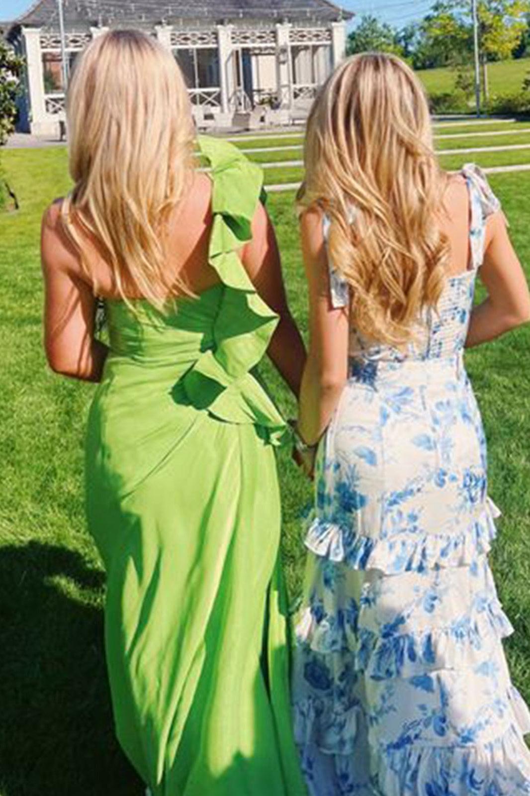 Suzhoufashion Beautiful A Line Sweetheart Blue Printed Long Prom Dress With Ruffles Formal Evening Gown