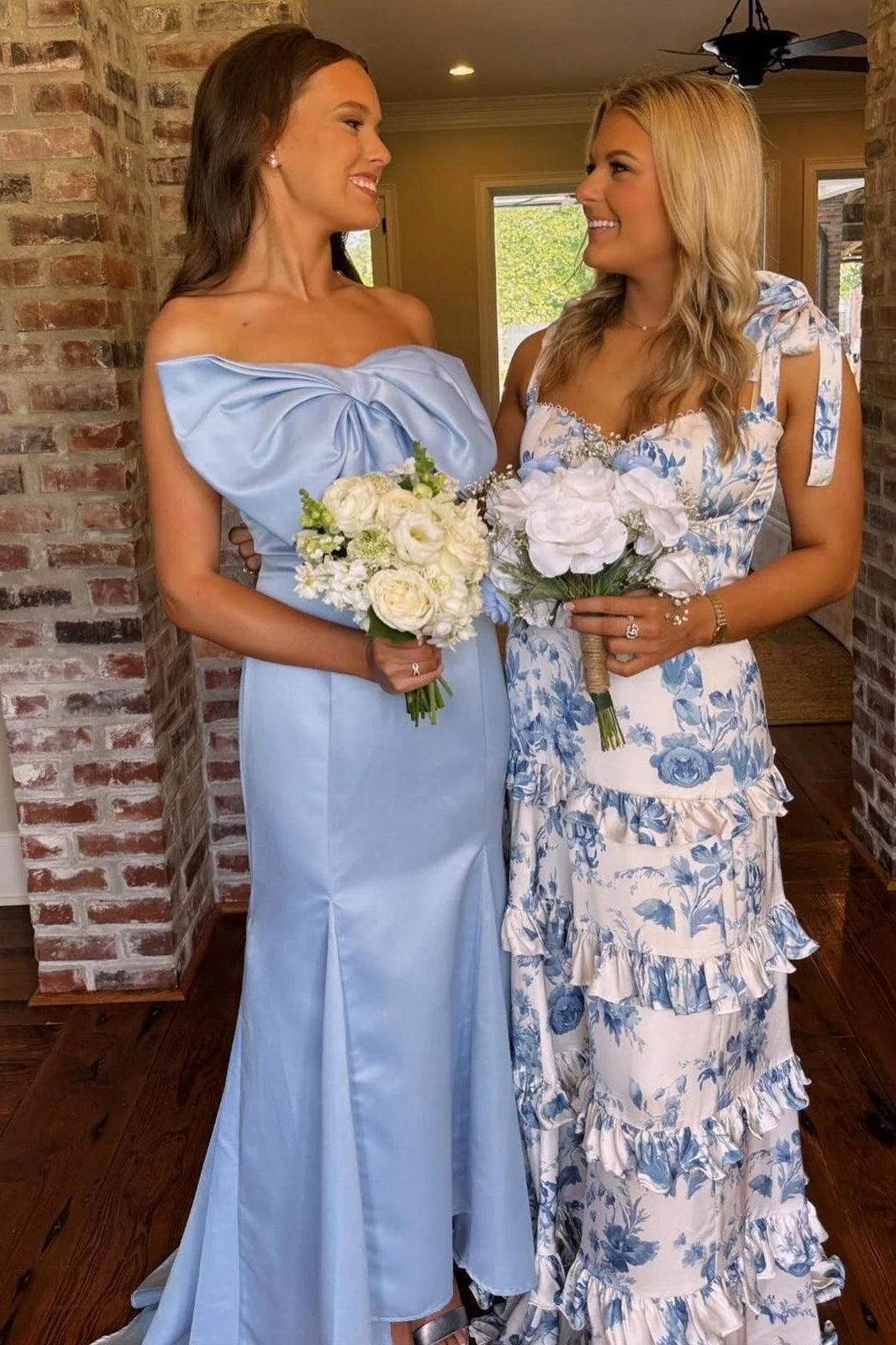 Suzhoufashion Beautiful A Line Sweetheart Blue Printed Long Prom Dress With Ruffles Formal Evening Gown