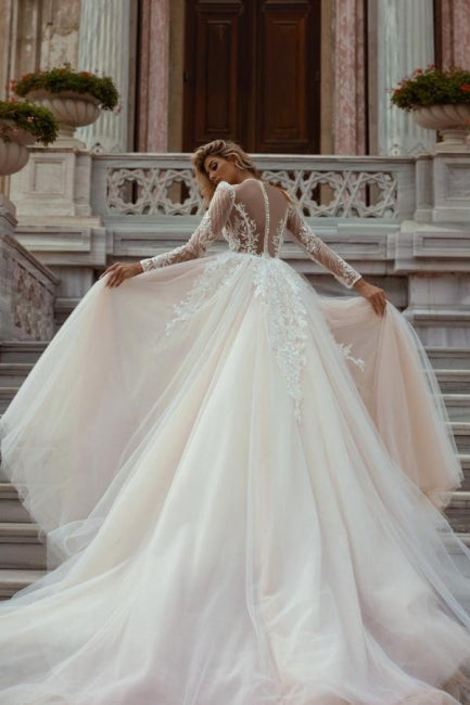 Suzhoufashion Beautiful Lace Long Sleeves Mermaid Wedding Dresses With Detachable Train A-Line V-neck
