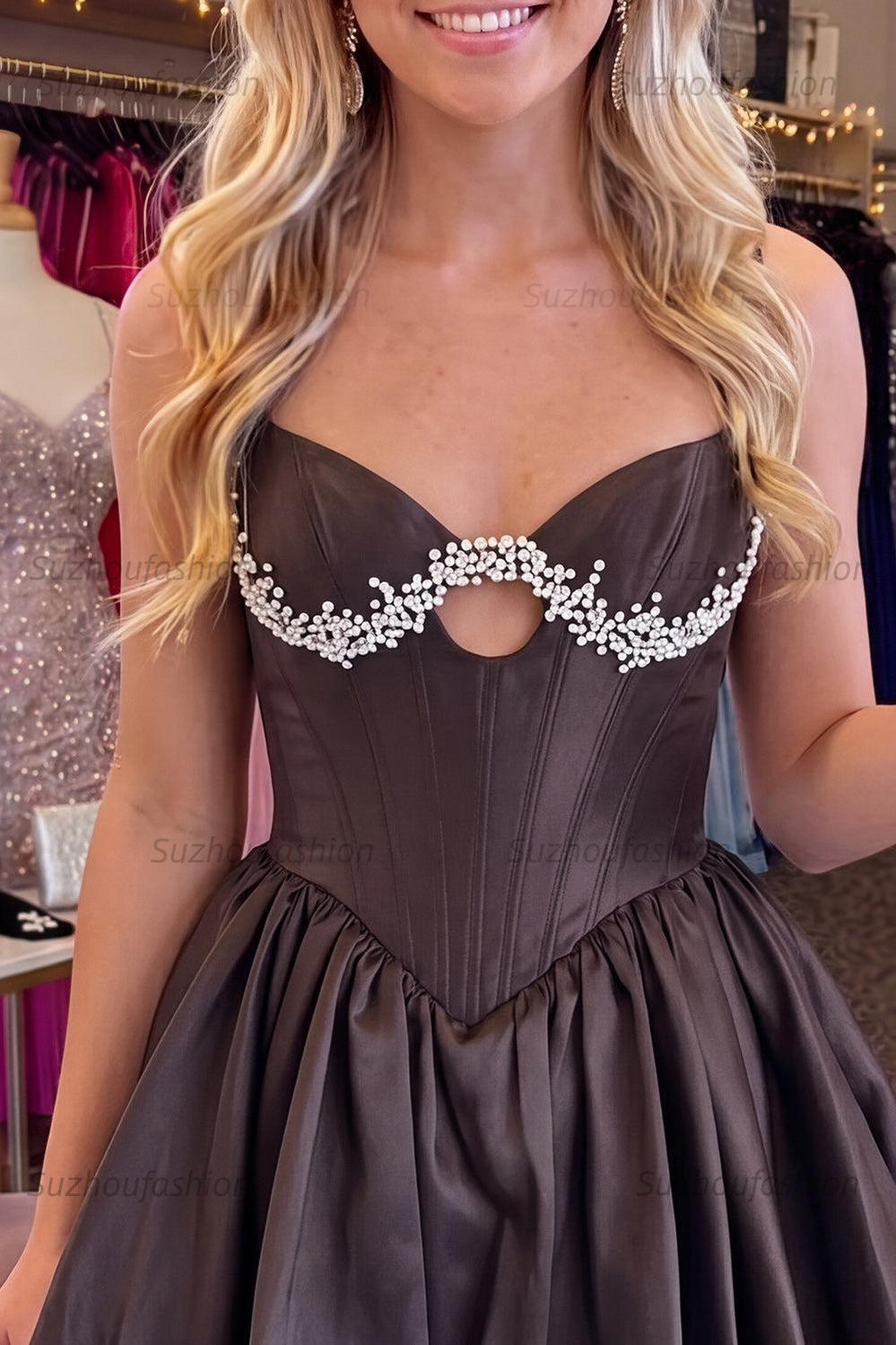 Suzhoufashion Black Beaded A Line Keyhole Short Corset Homecoming Dress