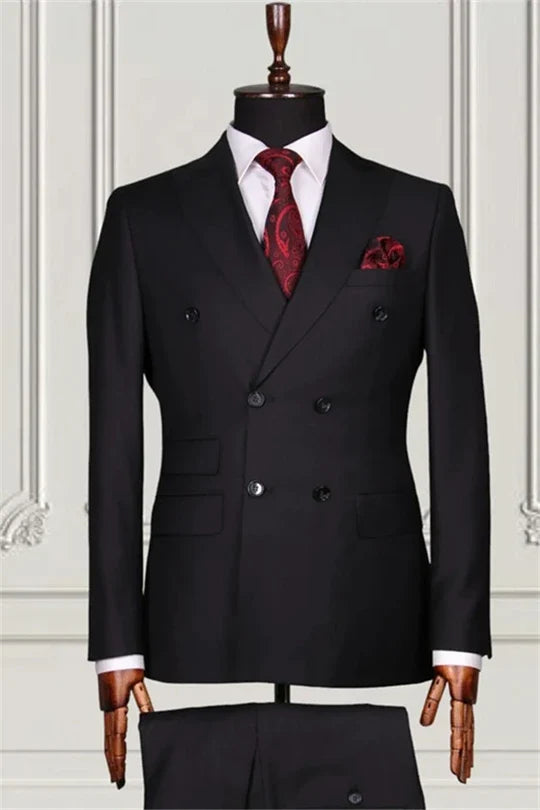 Suzhoufashion Black Double Breasted Peaked Lapel Prom Men Suits