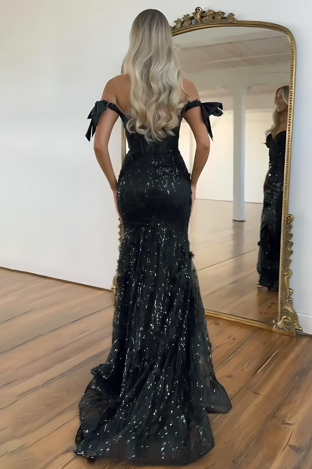 Suzhoufashion Black Off-Shoulder Sequin Mermaid Prom Dress With Bow Sleeves And Train Formal Evening Gown