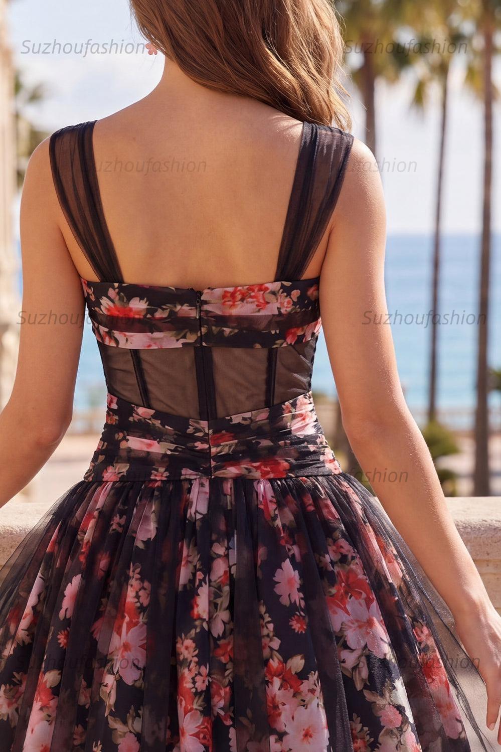 Suzhoufashion Black & Pink Floral Ruched Corset A-Line Short Homecoming Dress