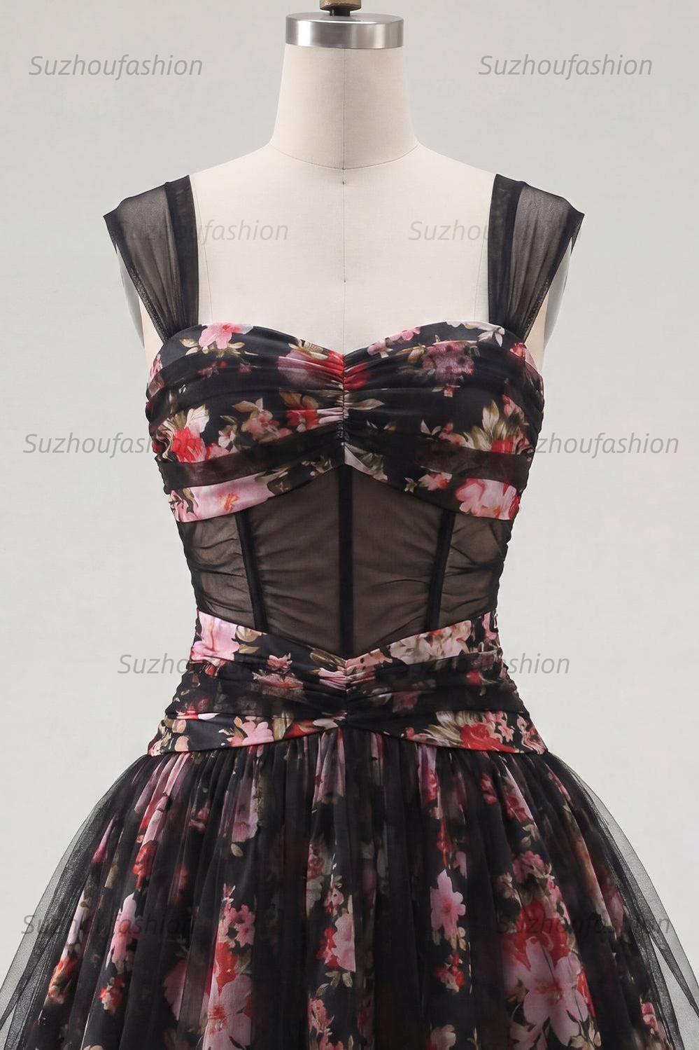 Suzhoufashion Black & Pink Floral Ruched Corset A-Line Short Homecoming Dress