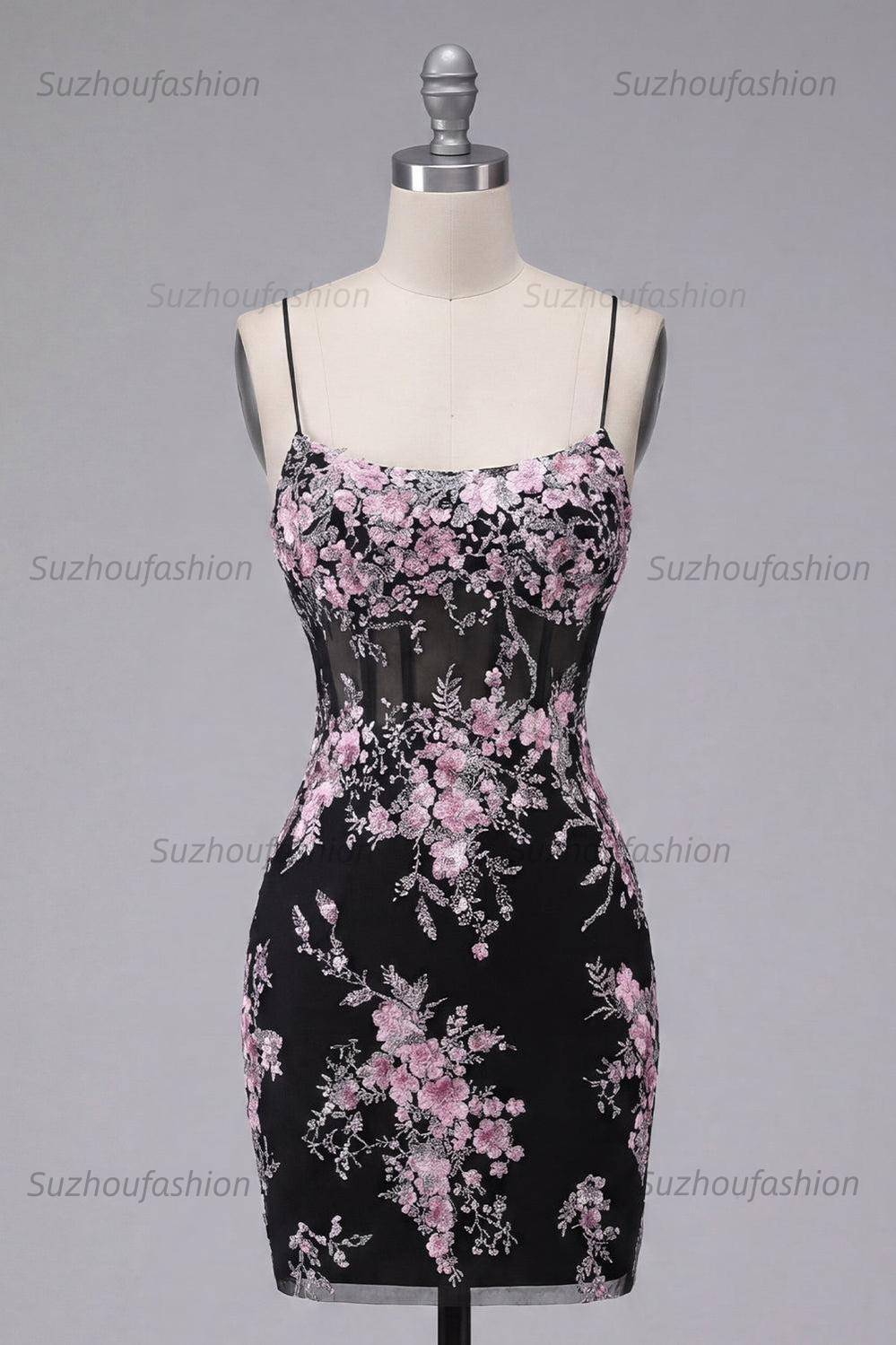 Suzhoufashion Black & Pink Floral Spaghetti Straps Corset Tight Short Homecoming Dress