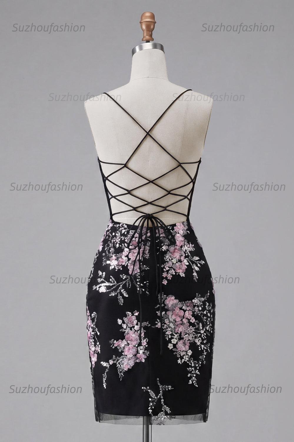 Suzhoufashion Black & Pink Floral Spaghetti Straps Corset Tight Short Homecoming Dress