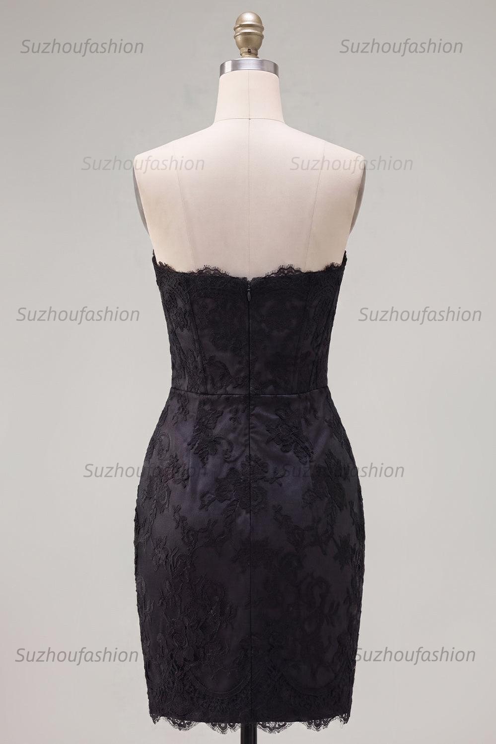 Suzhoufashion Black & Pink Floral Strapless Beaded Corset Tight Short Homecoming Dress with Bow
