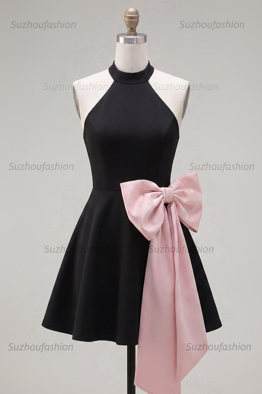 Suzhoufashion Black & Pink High Neck A-Line Short Homecoming Dress with Bow