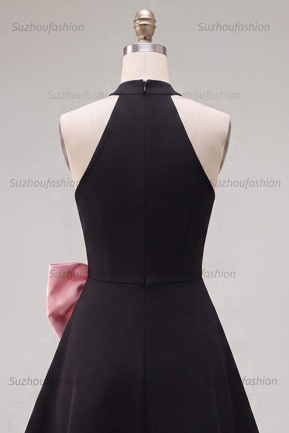 Suzhoufashion Black & Pink High Neck A-Line Short Homecoming Dress with Bow