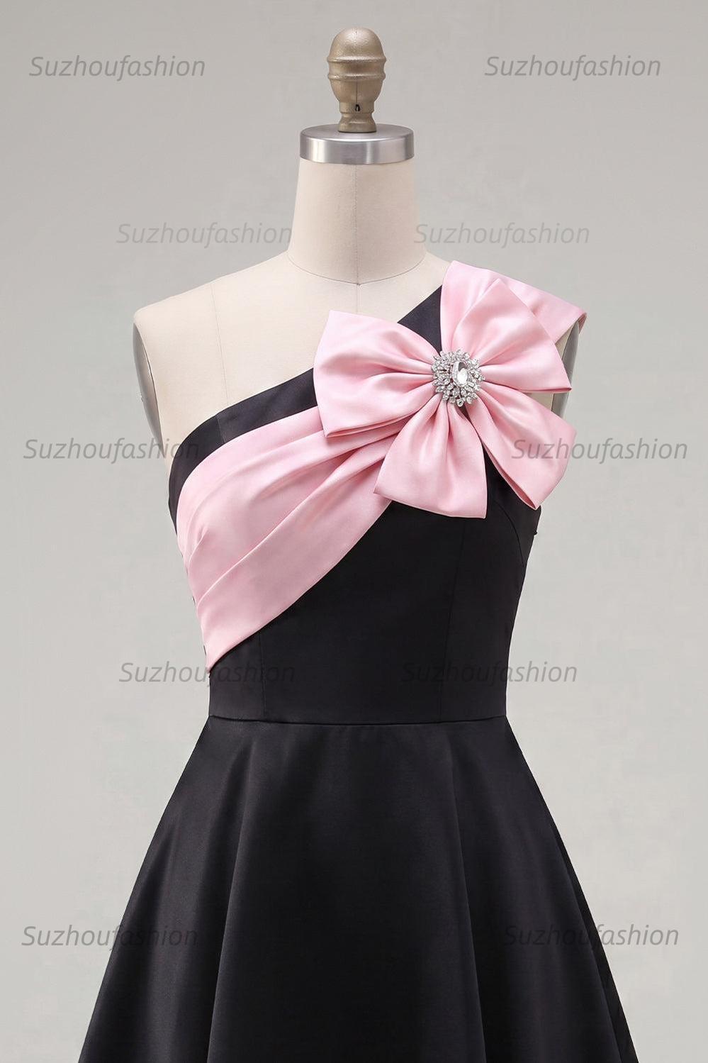 Suzhoufashion Black & Pink One Shoulder Beaded A-Line Short Homecoming Dress with Bow