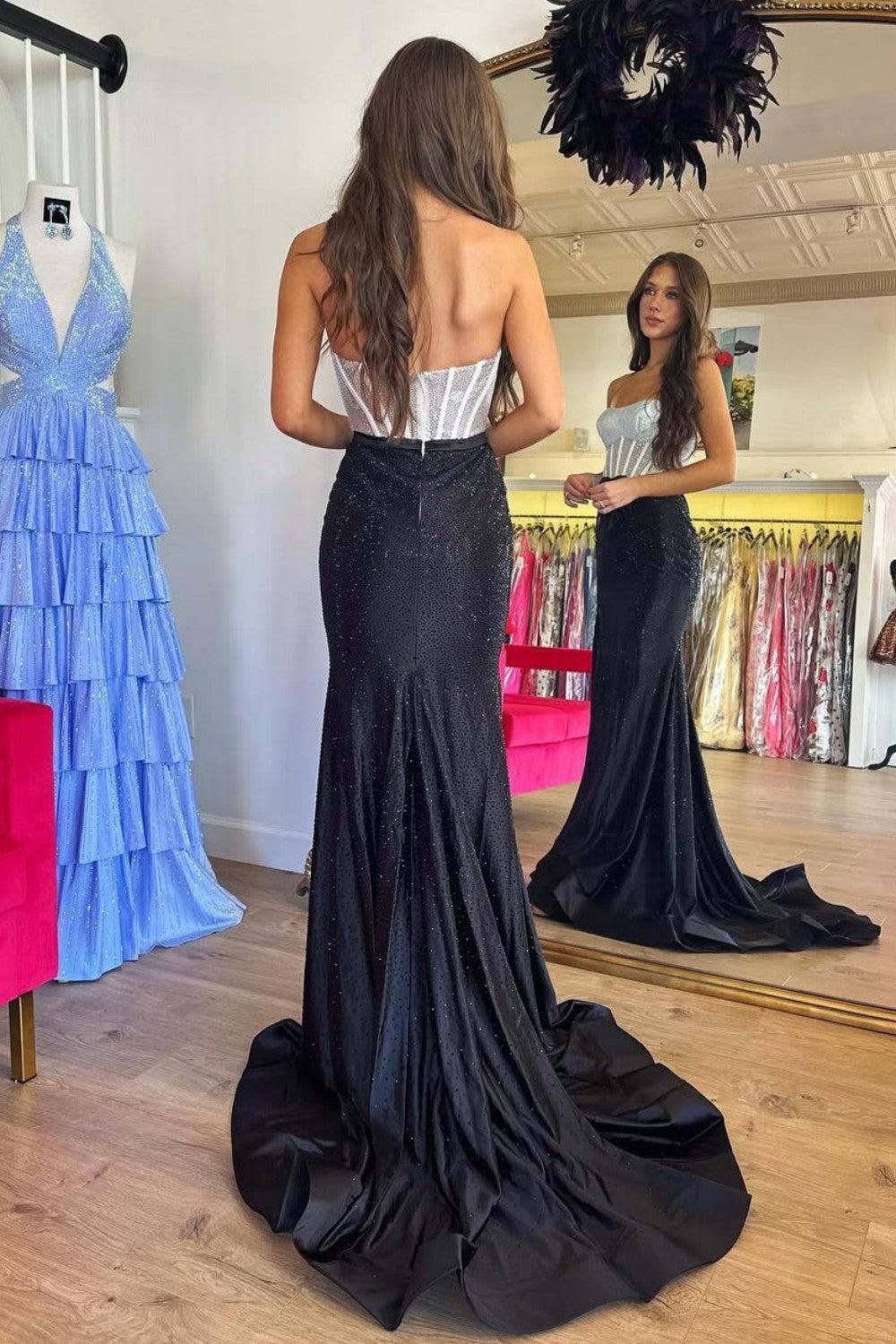 Suzhoufashion Black & Silver Strapless Structured Corset Top Beading Prom Dress With High Slit Formal Evening Gown
