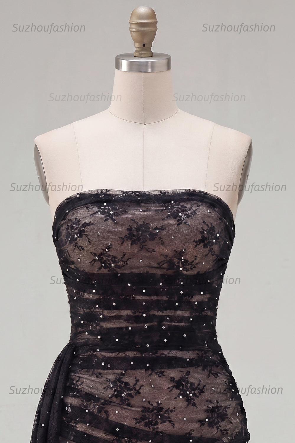 Suzhoufashion Black Strapless Beaded Tight Short Homecoming Dress with Sash