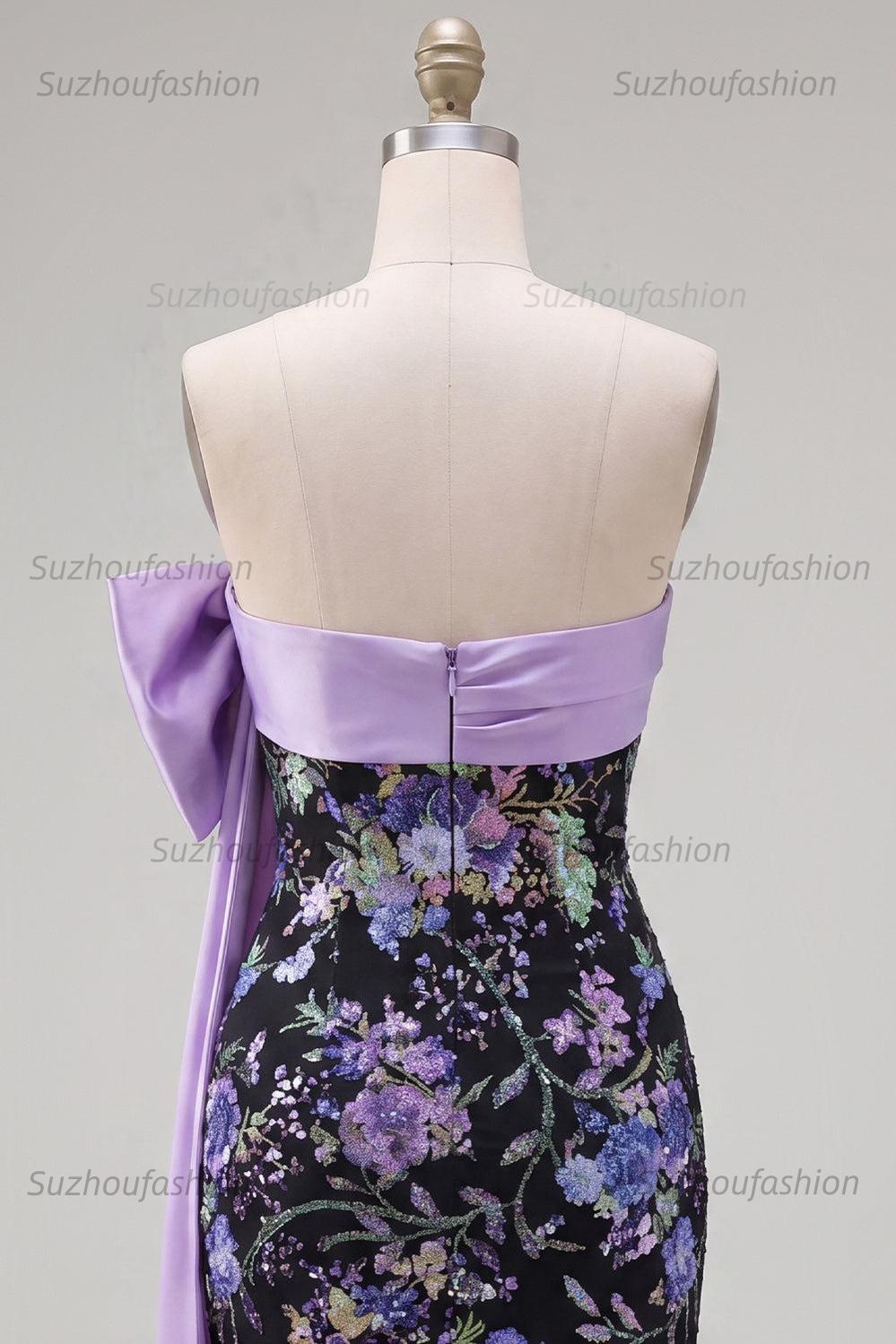 Suzhoufashion Black Strapless Sequin Floral Tight Short Homecoming Dress with Bow