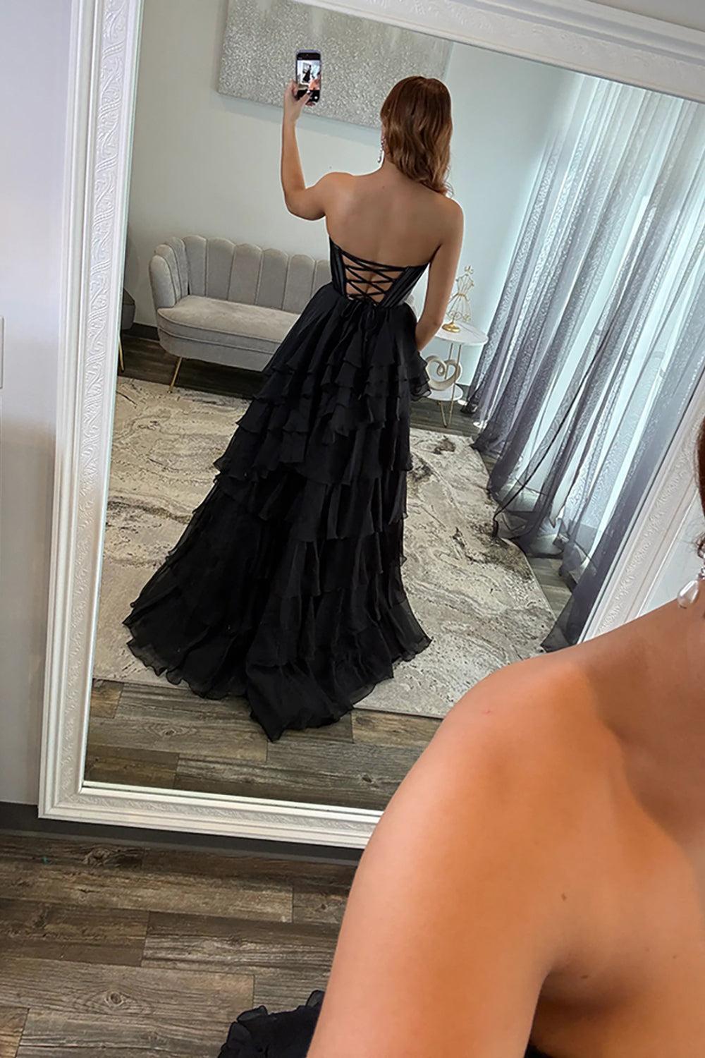 Suzhoufashion Black Sweetheart Prom Dress Corset Tiered Chiffon Long Formal Dress With Slit
