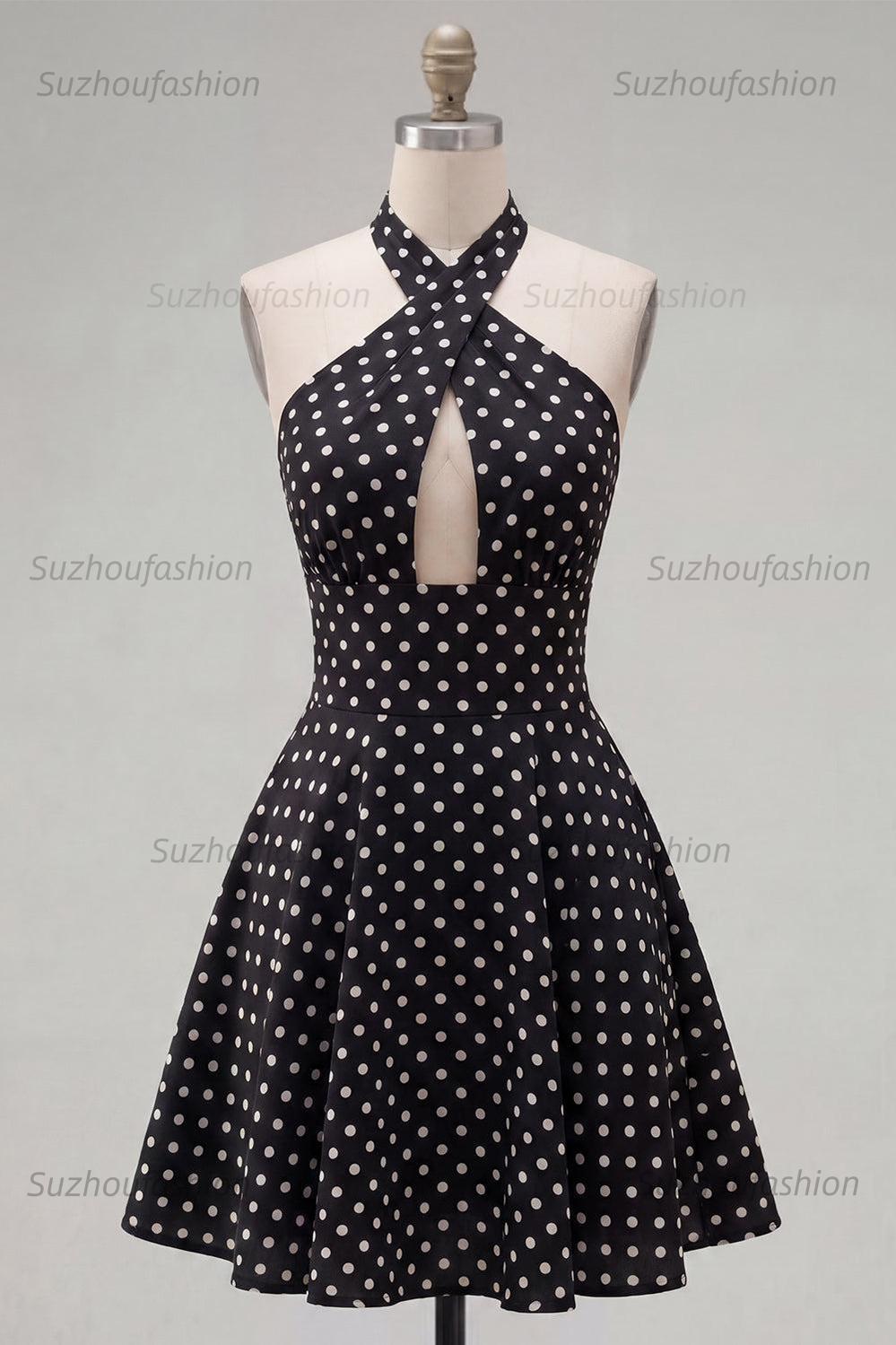 Suzhoufashion Black & White Polka Dot Halter Keyhole A-Line Short Homecoming Dress