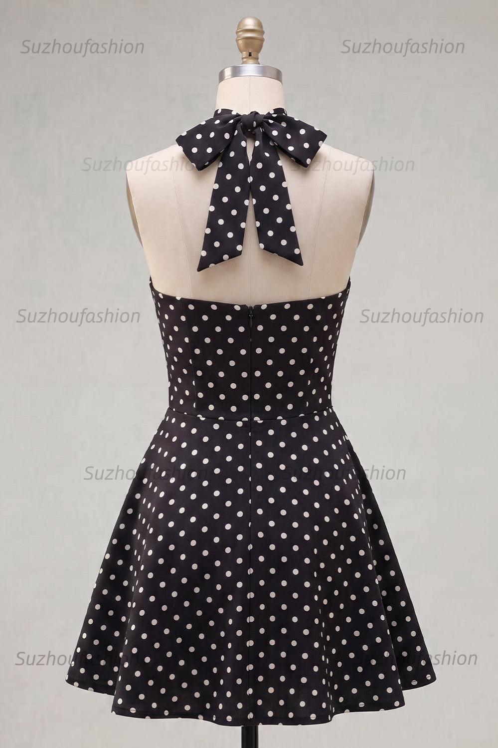 Suzhoufashion Black & White Polka Dot Halter Keyhole A-Line Short Homecoming Dress