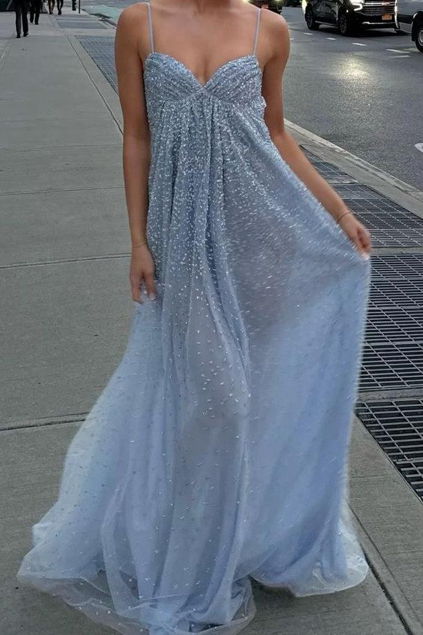 Suzhoufashion Bling A Line Spaghetti Straps Grey Blue Long Party Dress With Beading Formal Evening Gown