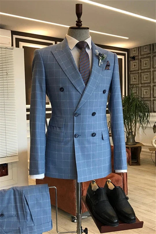 Suzhoufashion Blue Double Breasted Peaked Lapel Prom Suits