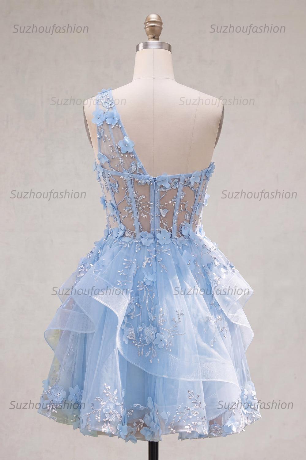 Suzhoufashion Blue Floral Beaded Keyhole A-Line Corset Short Homecoming Dress with Ruffles