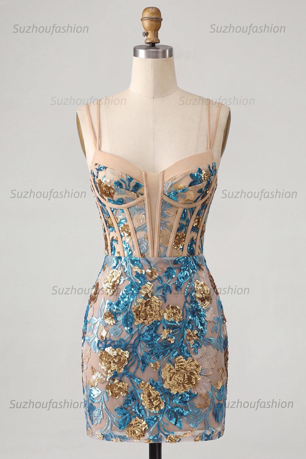 Suzhoufashion Blue Floral Corset Sequin Tight Short Homecoming Dress