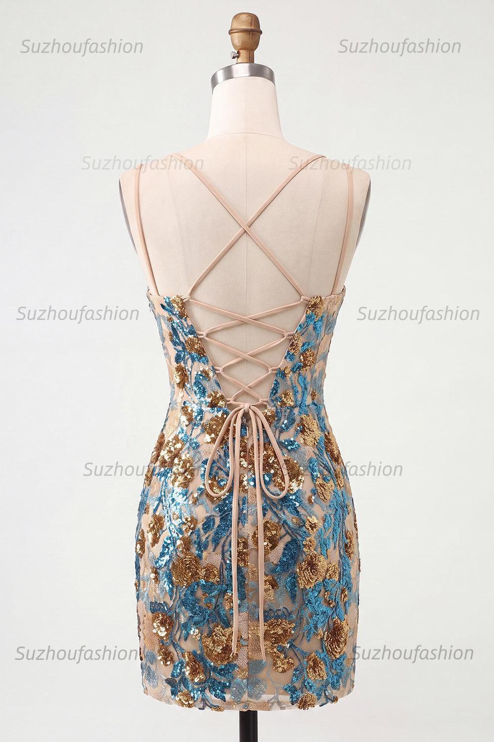 Suzhoufashion Blue Floral Corset Sequin Tight Short Homecoming Dress