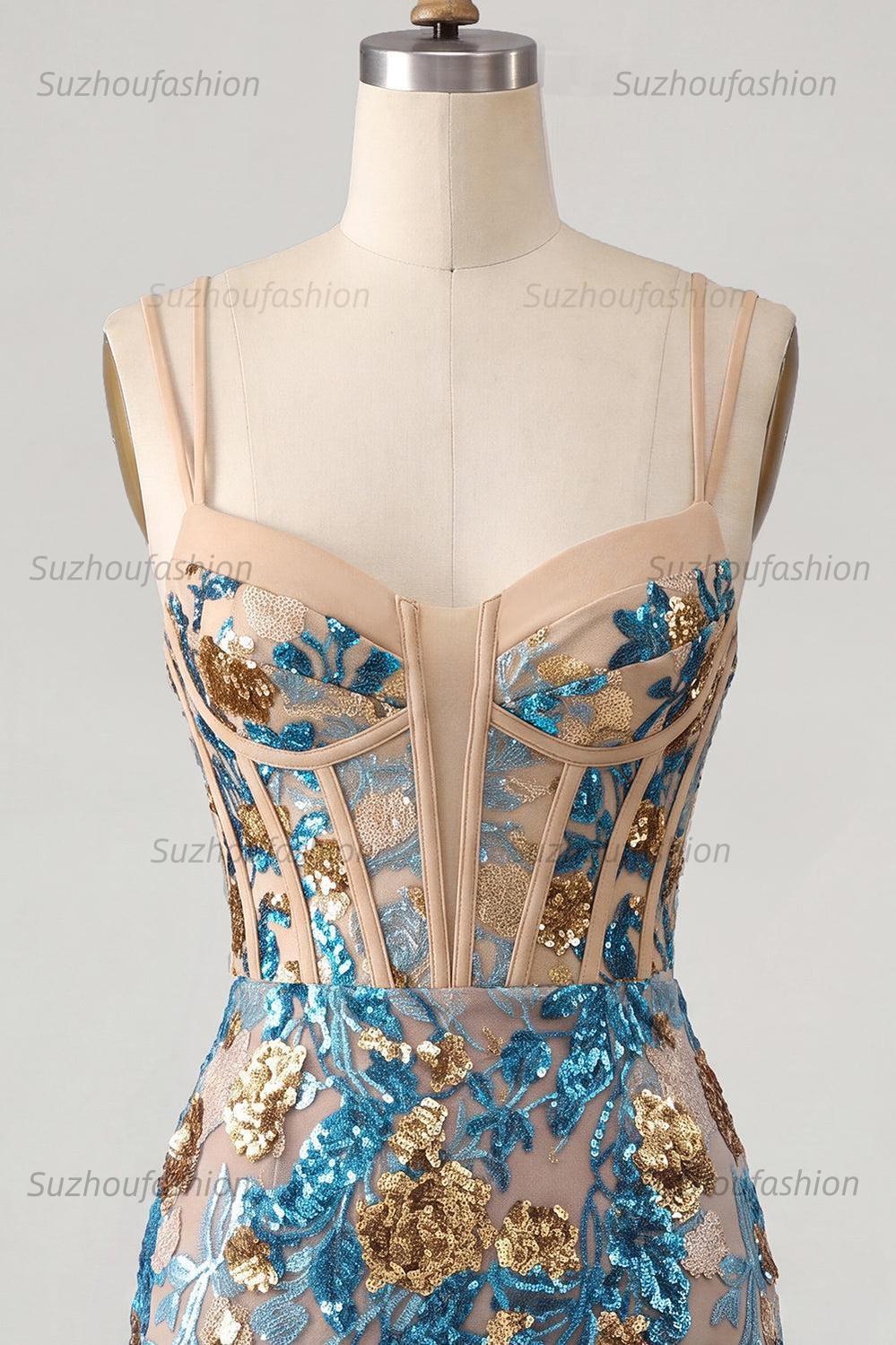 Suzhoufashion Blue Floral Corset Sequin Tight Short Homecoming Dress