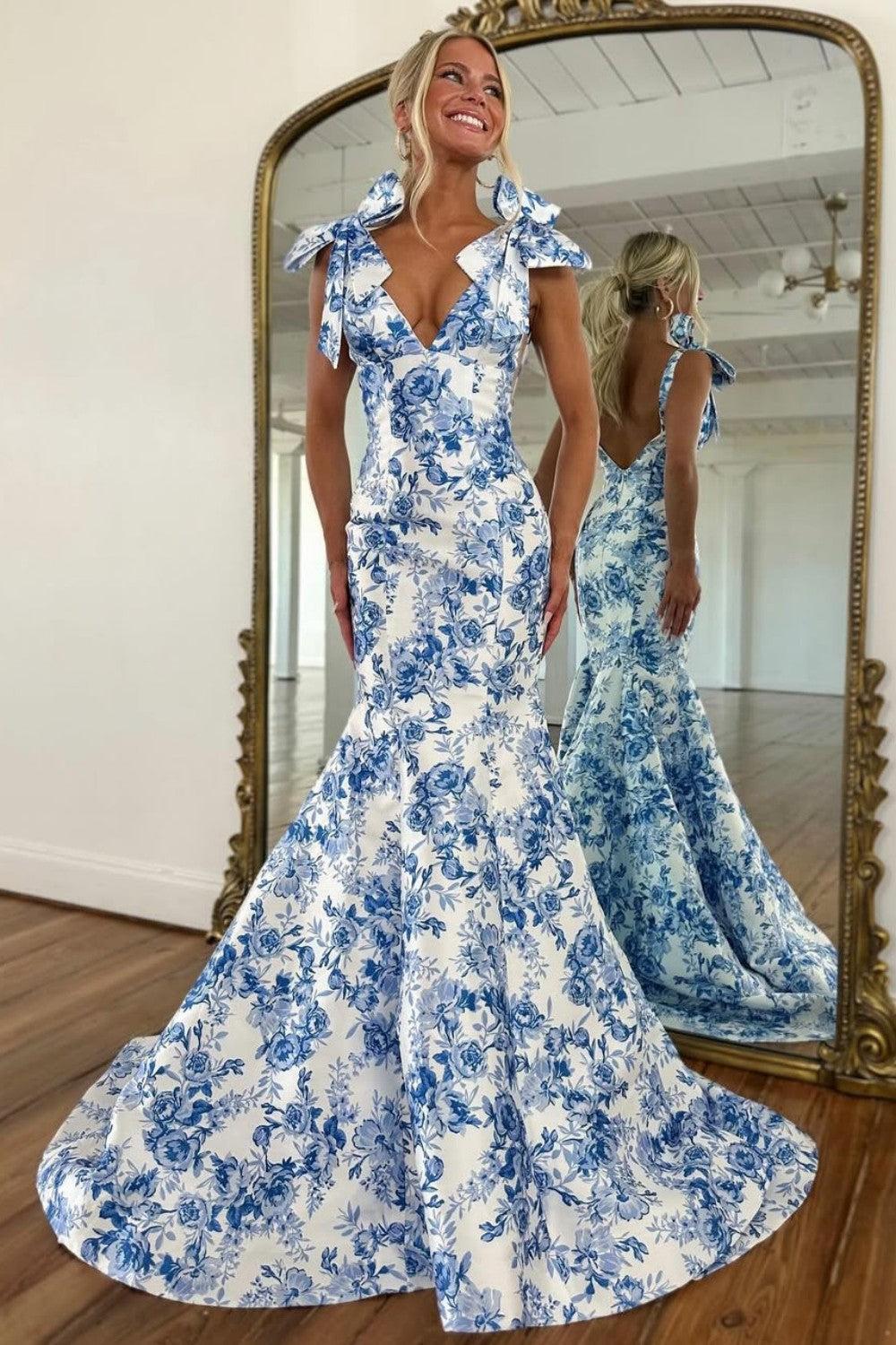Suzhoufashion Blue Floral Print Mermaid Prom Dress With Bow Shoulder Straps Formal Evening Gown