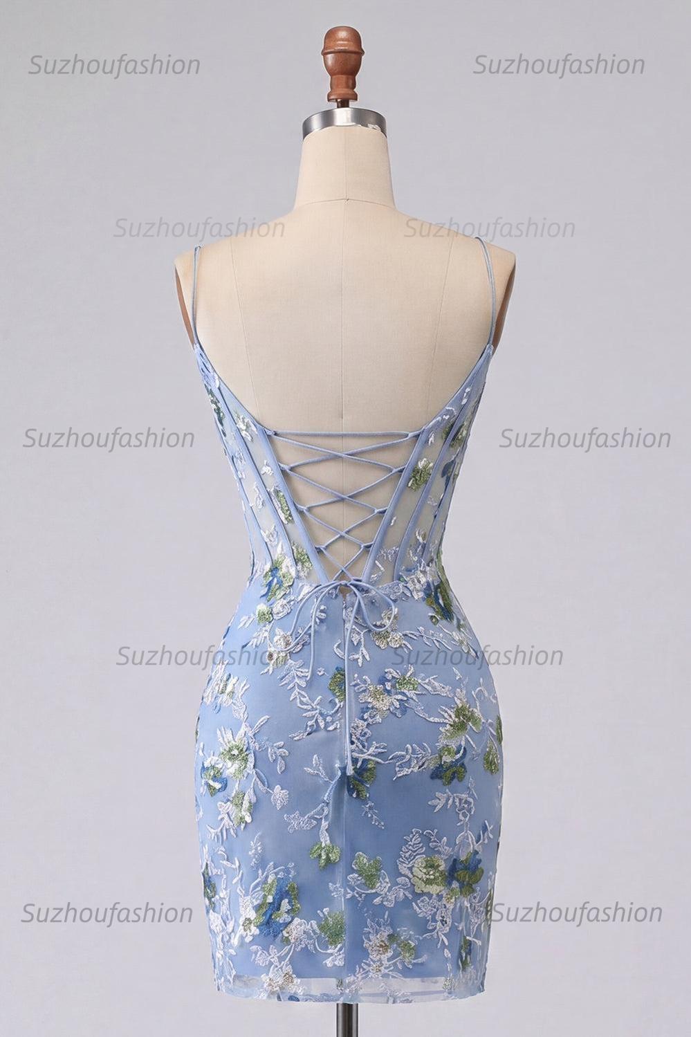 Suzhoufashion Blue Floral Spaghetti Straps Corset Tight Short Homecoming Dress