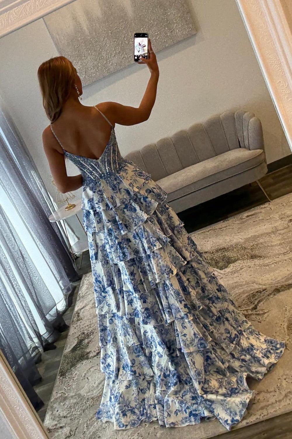 Suzhoufashion Blue Floral Spaghetti Straps Ruffle High-Slit Prom Dress With Lace Bodice Formal Evening Gown
