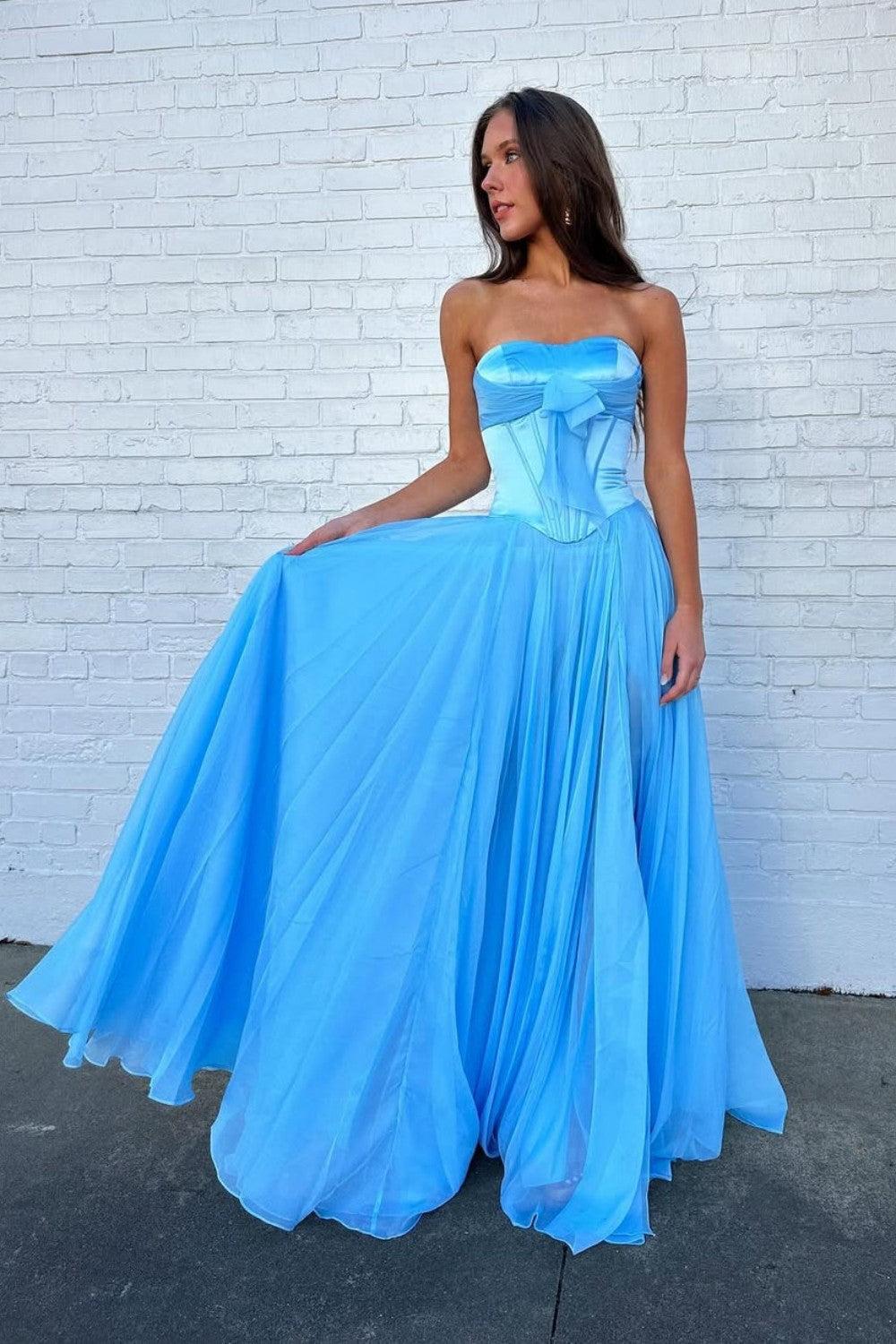 Suzhoufashion Blue Flowing Chiffon Strapless Corset Prom Dress With Bow Bodice Formal Evening Gown