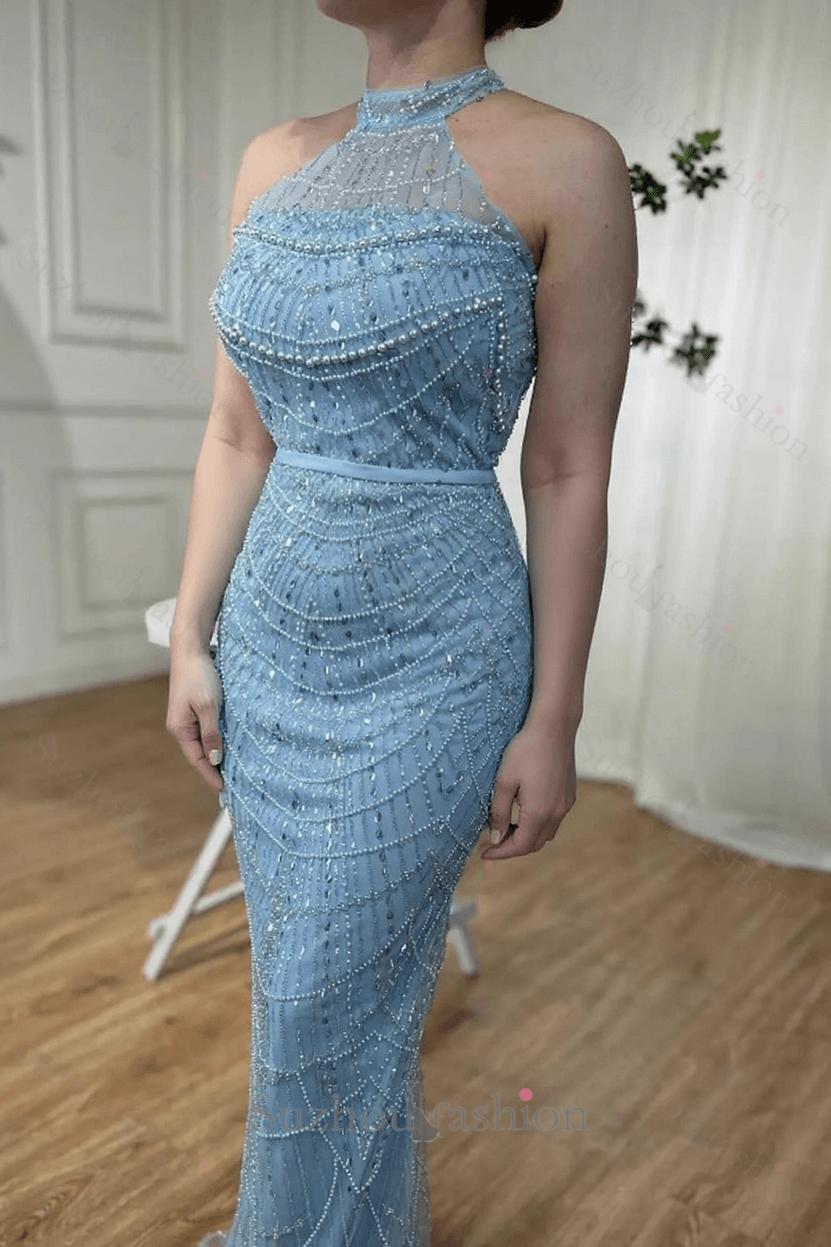 Suzhoufashion Blue Halter Formal Dress Beaded Sheath/Column Wedding Guest Dress