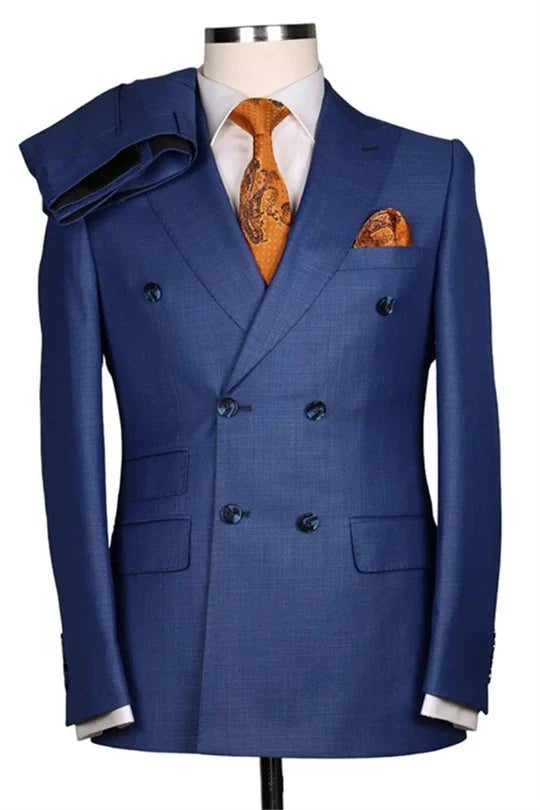 Suzhoufashion Blue Peaked Lapel Double Breasted Wedding Men Suits
