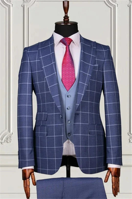 Suzhoufashion Blue Plaid Three Pieces Slim Fit Bespoke Men Suits