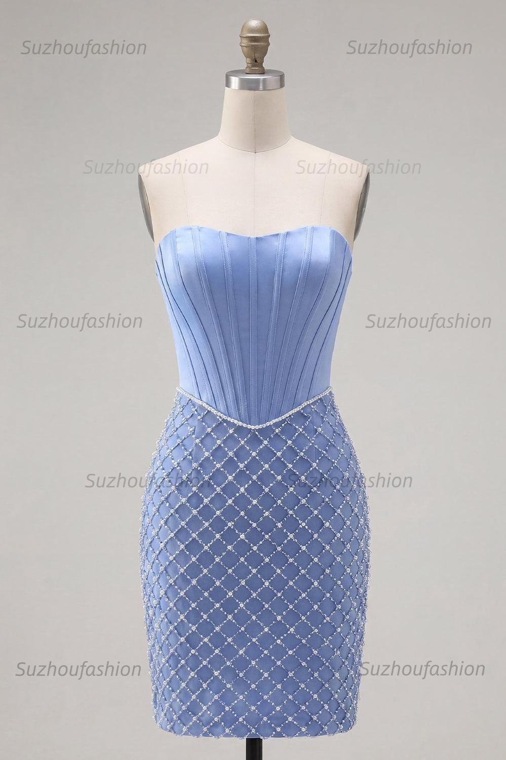 Suzhoufashion Blue Strapless Basque Waist Corset Tight Short Homecoming Dress with Pearls