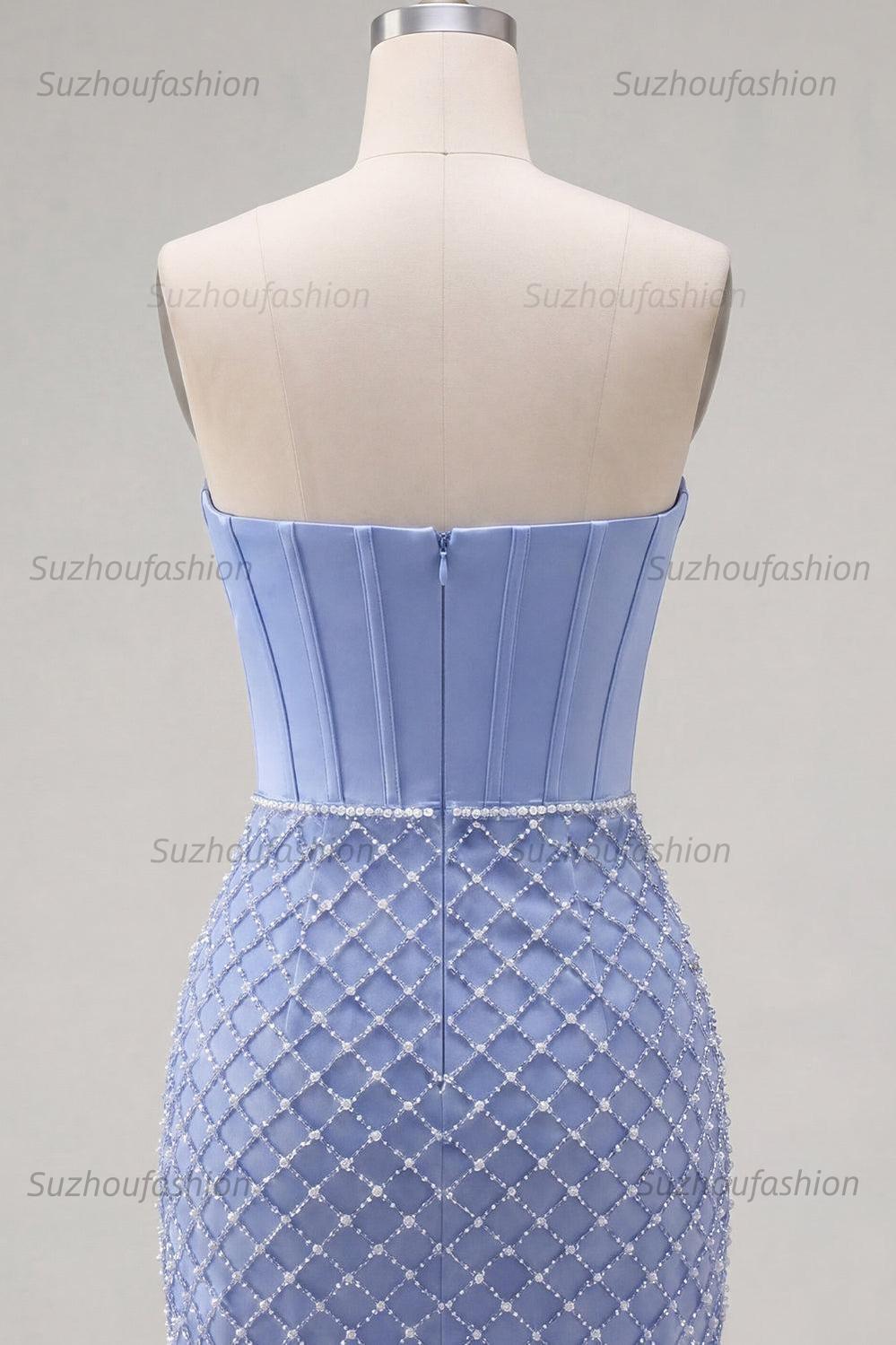 Suzhoufashion Blue Strapless Basque Waist Corset Tight Short Homecoming Dress with Pearls