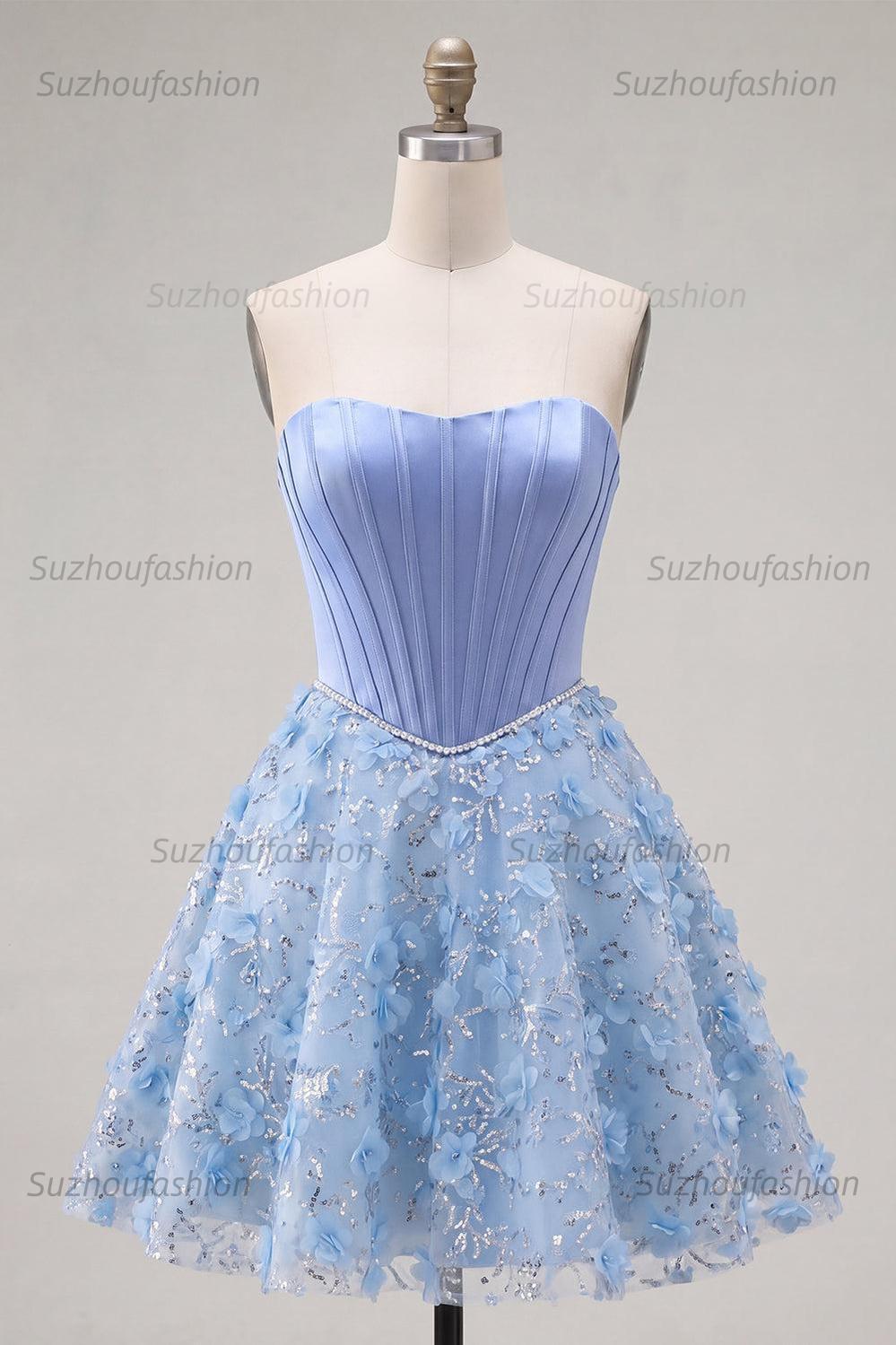 Suzhoufashion Blue Strapless Floral Beaded A-Line Corset Short Homecoming Dress