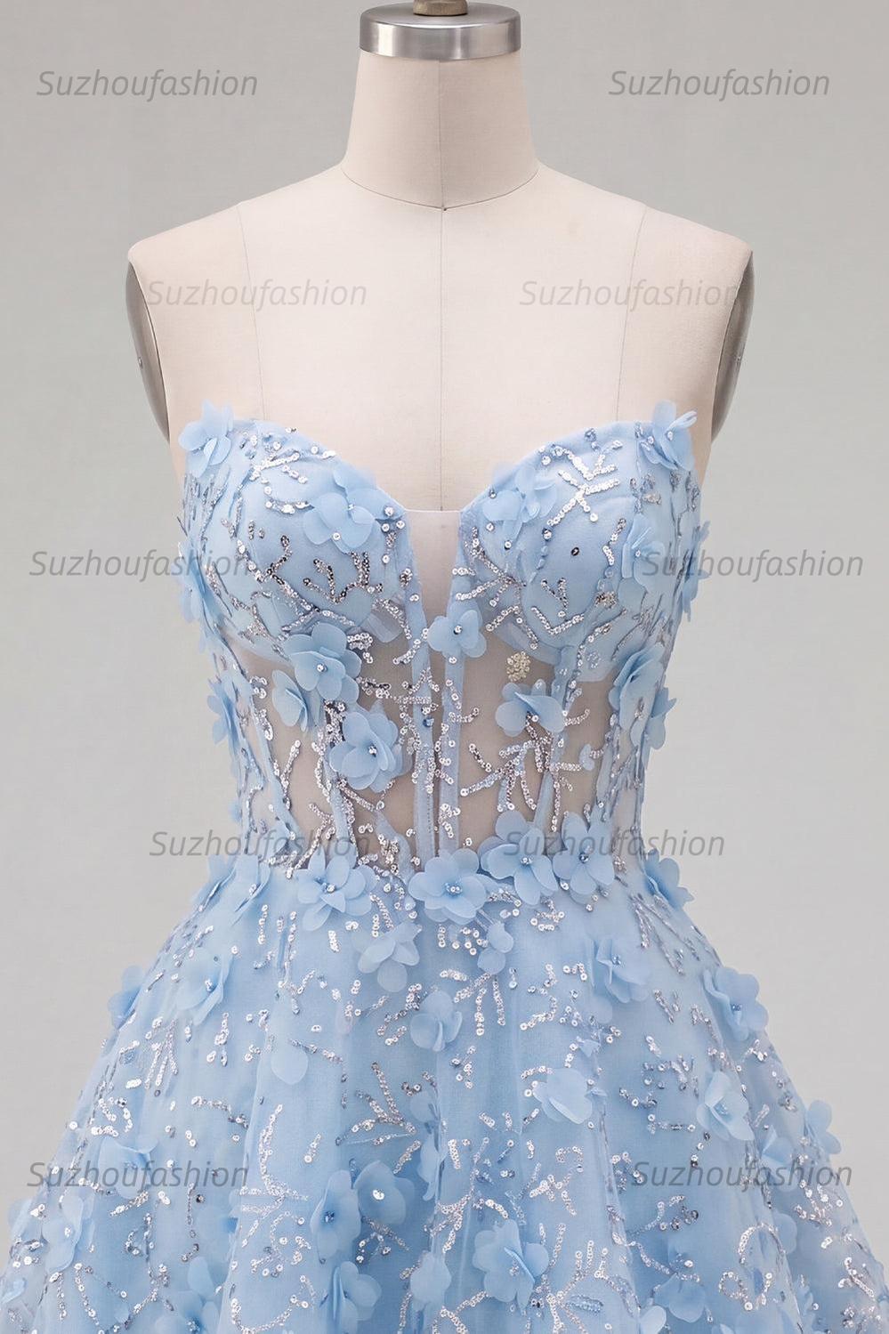 Suzhoufashion Blue Strapless Floral Beaded A-Line Corset Short Homecoming Dress