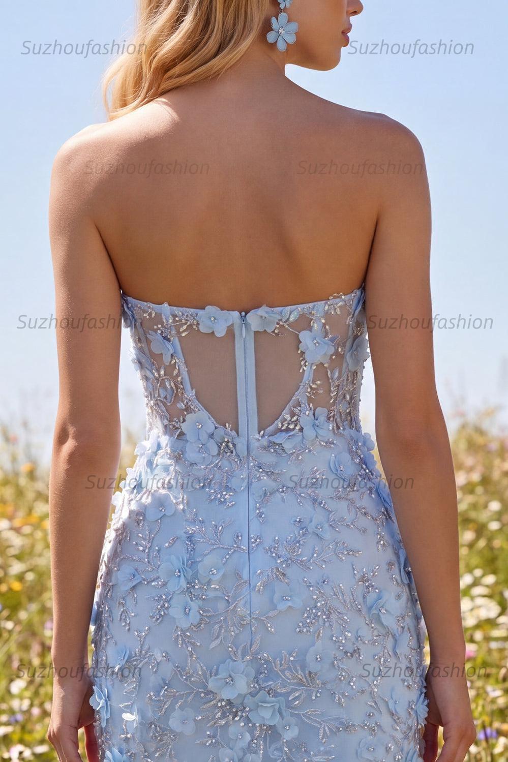 Suzhoufashion Blue Strapless Floral Beaded Corset Tight Short Homecoming Dress
