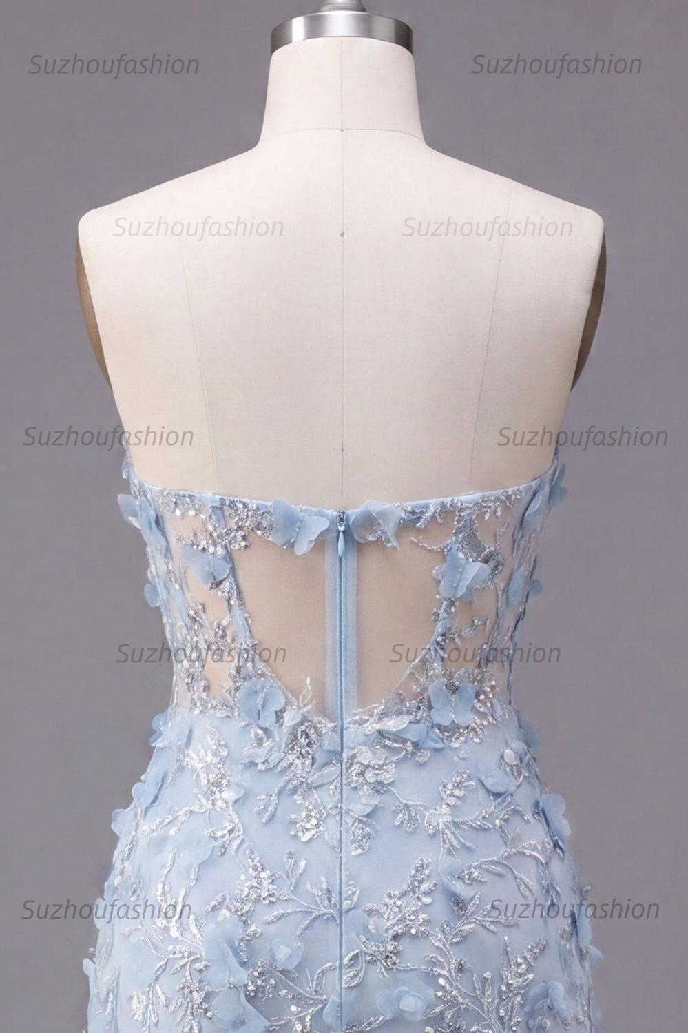 Suzhoufashion Blue Strapless Floral Beaded Corset Tight Short Homecoming Dress