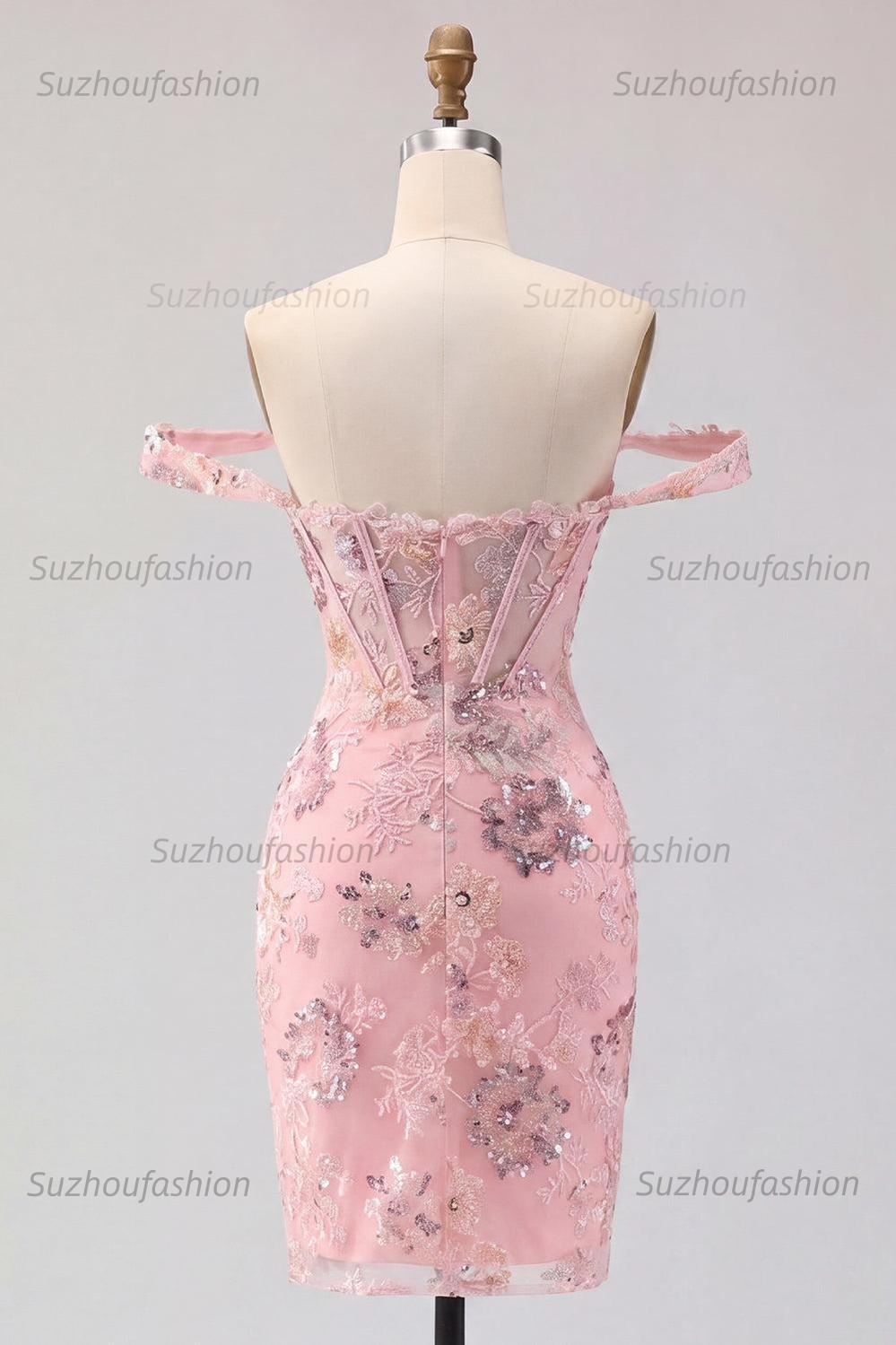 Suzhoufashion Blush Floral Beaded Corset Tight Short Homecoming Dress