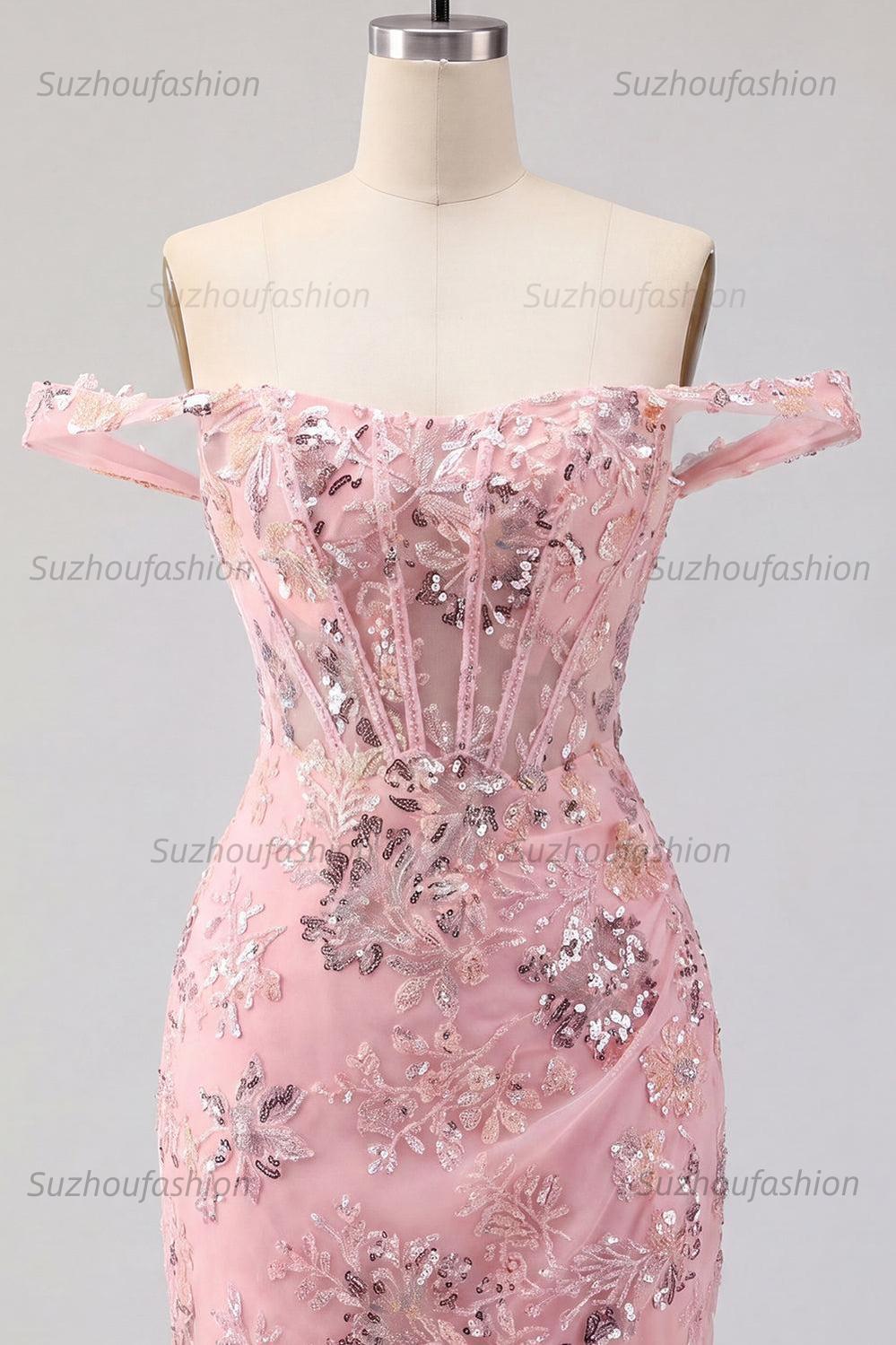 Suzhoufashion Blush Floral Beaded Corset Tight Short Homecoming Dress