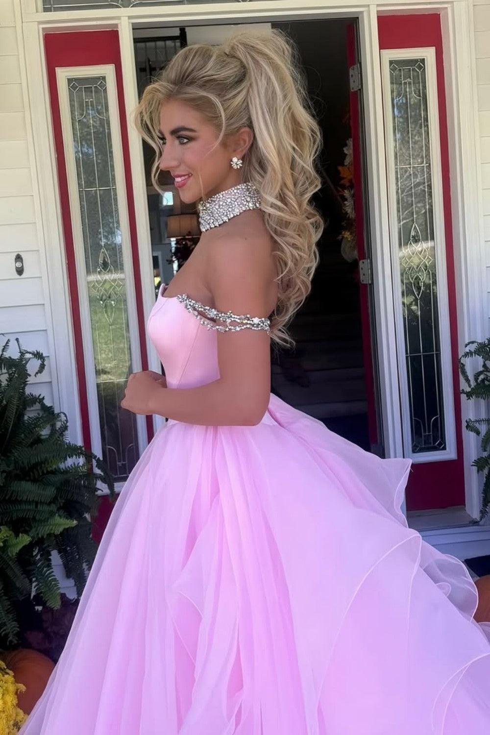 Suzhoufashion Blush Pink Off-The-Shoulder Ball Gown With Crystal Embellishments Formal Evening Gown